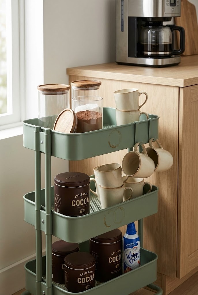 Utility cart holding glass canisters, spare mugs and cocoa tins beside a kitchen counter
