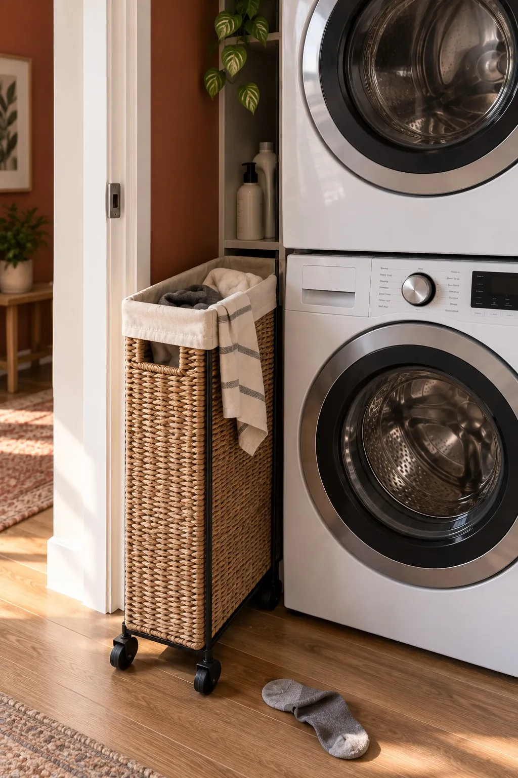 Tall rolling hamper parked in the gap beside a stacked washer and dryer