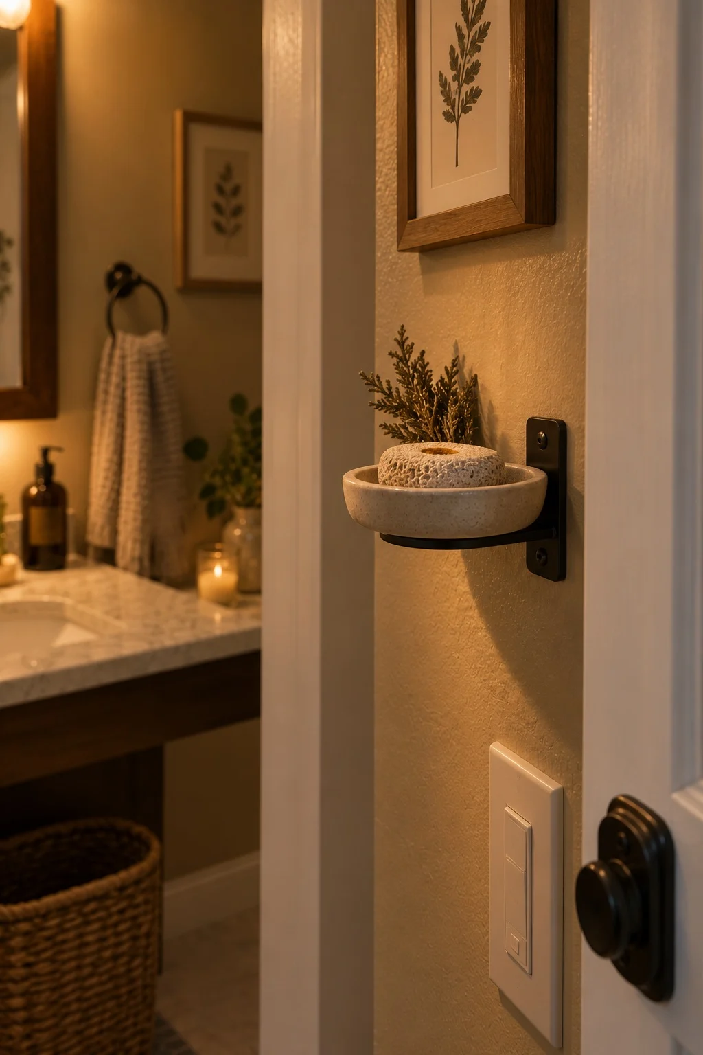 Porous scent stone in a small dish mounted on a bathroom wall beside the door