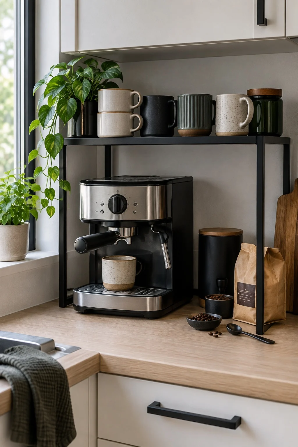 Metal shelf riser stacked above an espresso machine in a small rental kitchen