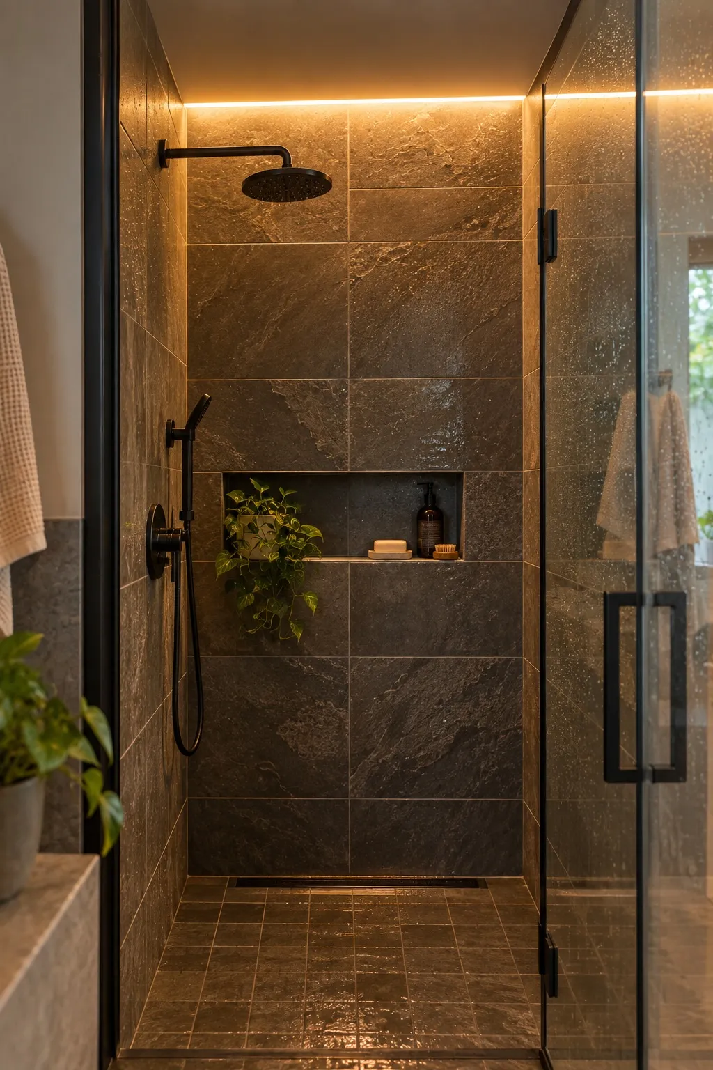Warm waterproof light strip glowing along the ceiling edge of a tiled walk-in shower
