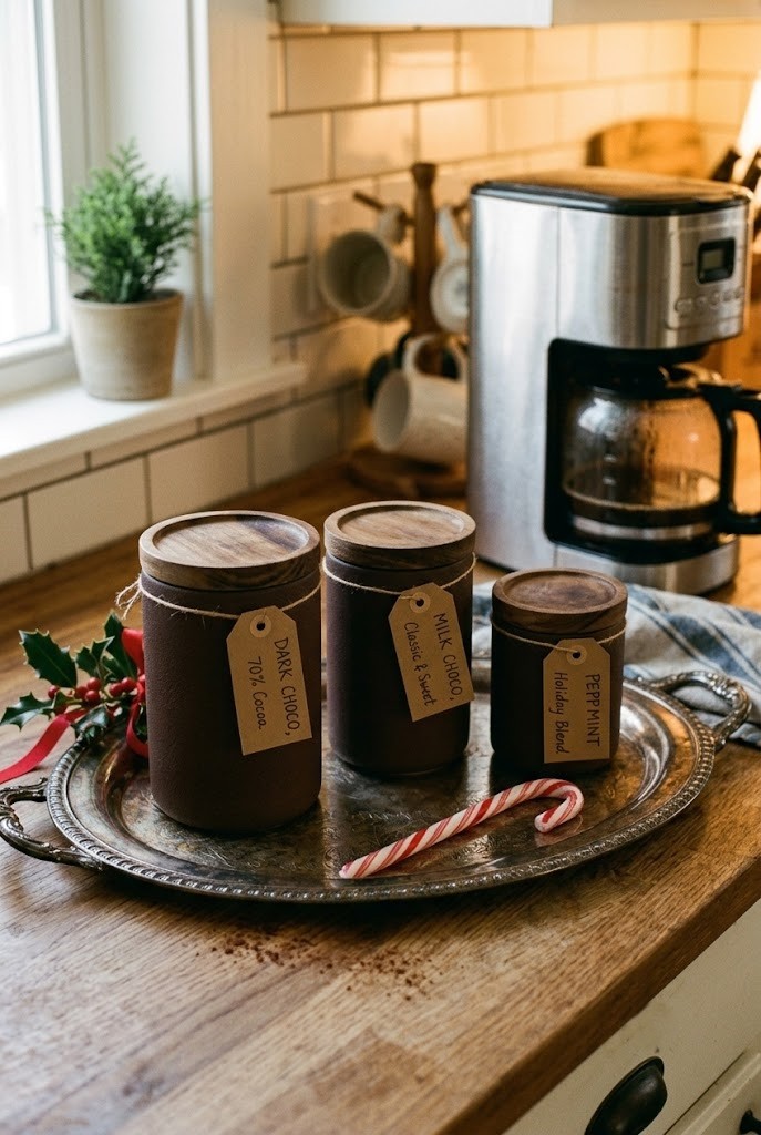 Vintage silver tray holding three matte cocoa canisters with kraft tags on a kitchen counter