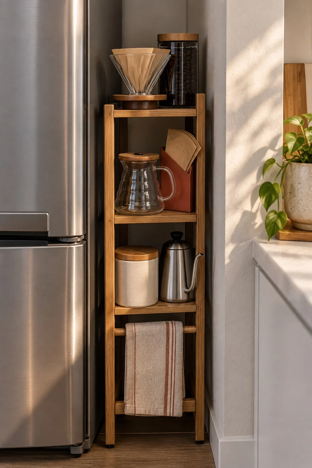 Narrow pour-over stand tucked into the gap between a fridge and a kitchen wall
