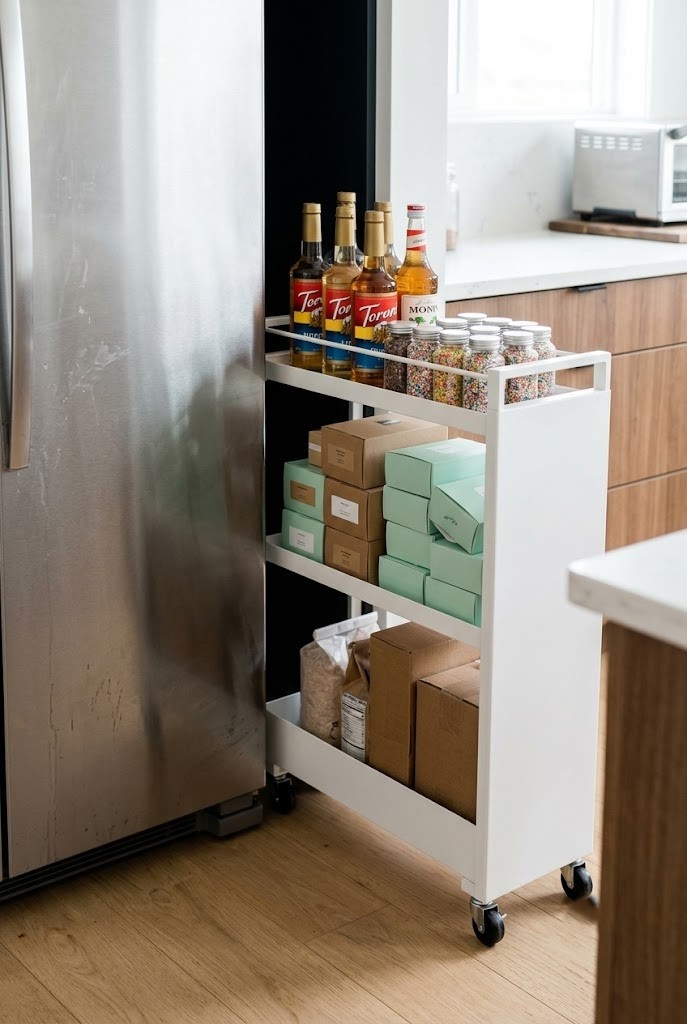 Slim pull-out cart holding syrups and sprinkles in the gap between fridge and counter