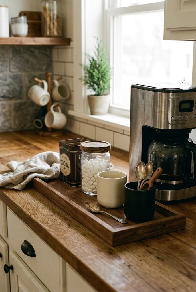 Slim walnut tray running along a narrow kitchen counter with cocoa jar, mug and spoons
