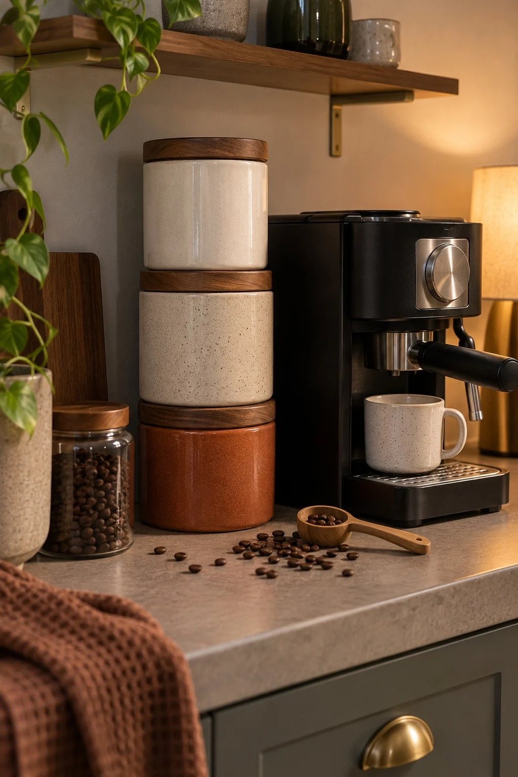 Three stacked ceramic canisters with wooden lids next to a coffee machine on a counter