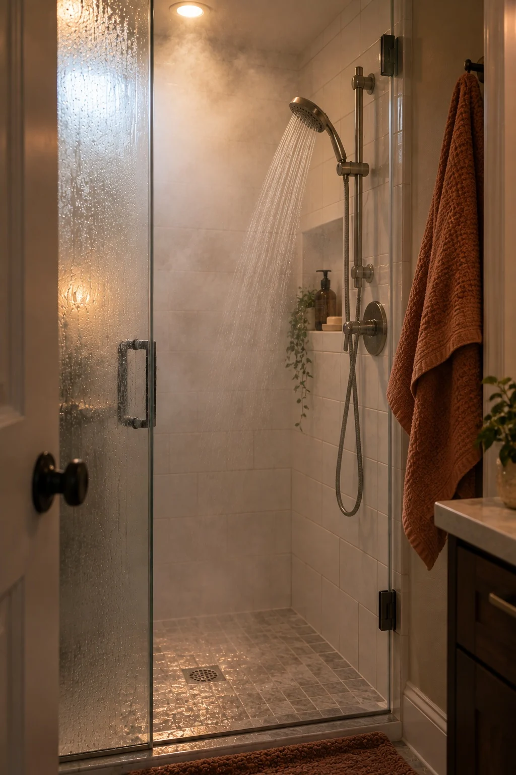 Steam filling a small shower stall with a handheld showerhead running on a slide bar