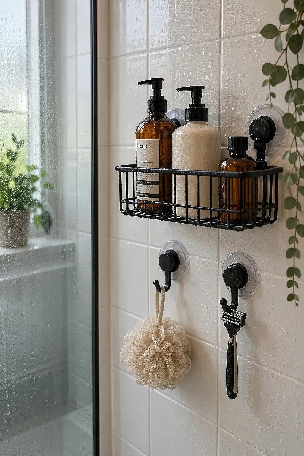 Suction cup caddy and hooks holding bottles on glossy shower tile