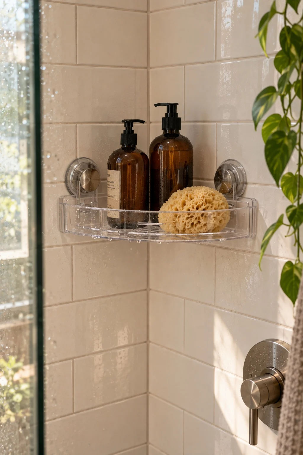 Suction corner shelf holding amber pump bottles inside a white tiled shower