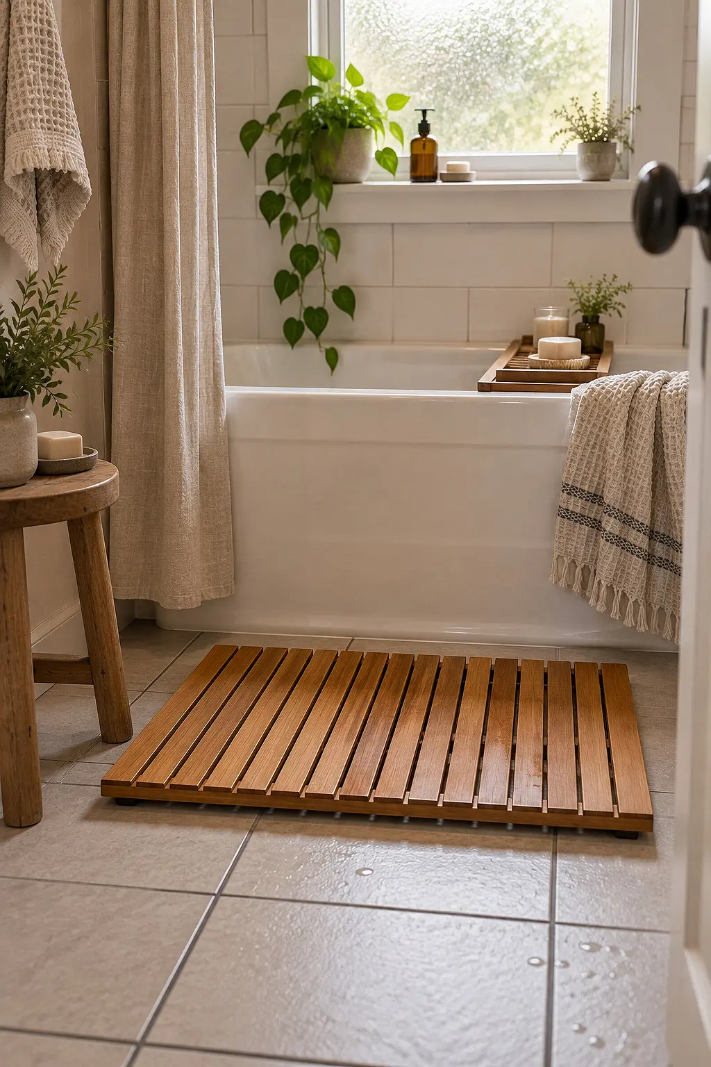 Slatted teak duckboard mat on tile in front of a bathtub