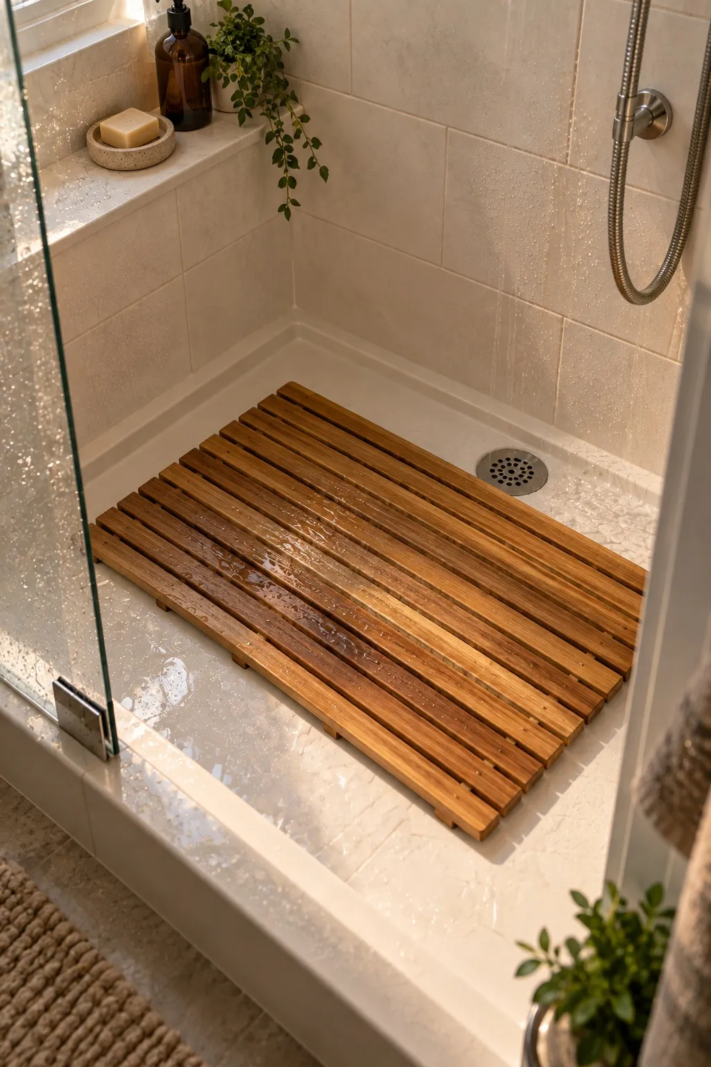 Teak slat mat inside a shower pan in a cozy bathroom with shower only