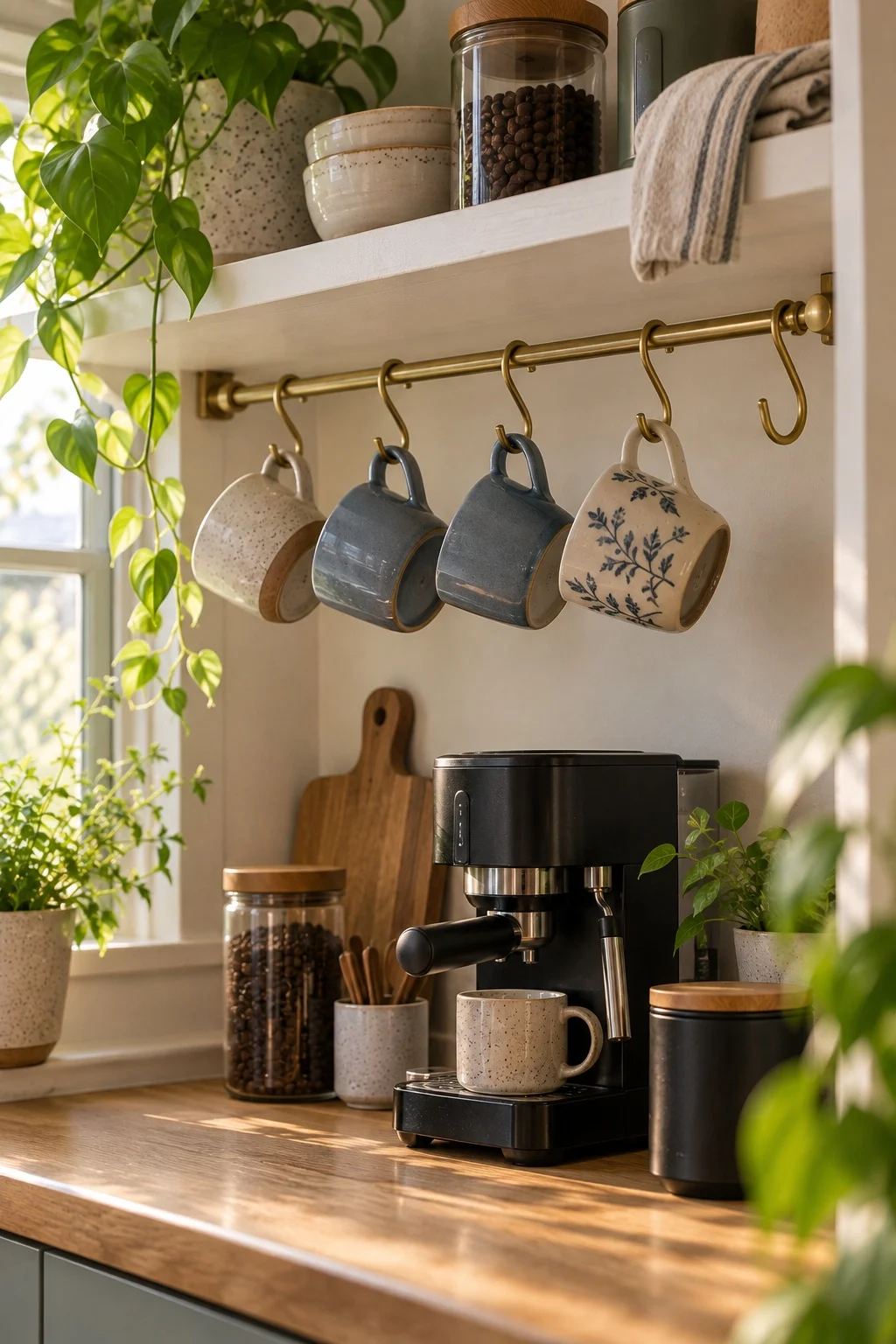 Mugs on brass S-hooks hanging from a tension rod under a kitchen shelf