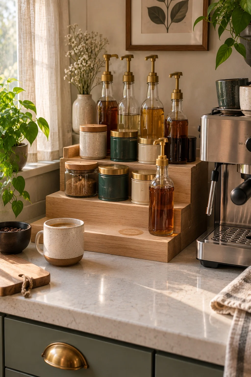 Three-step wooden riser holding syrup bottles and tins beside a coffee machine