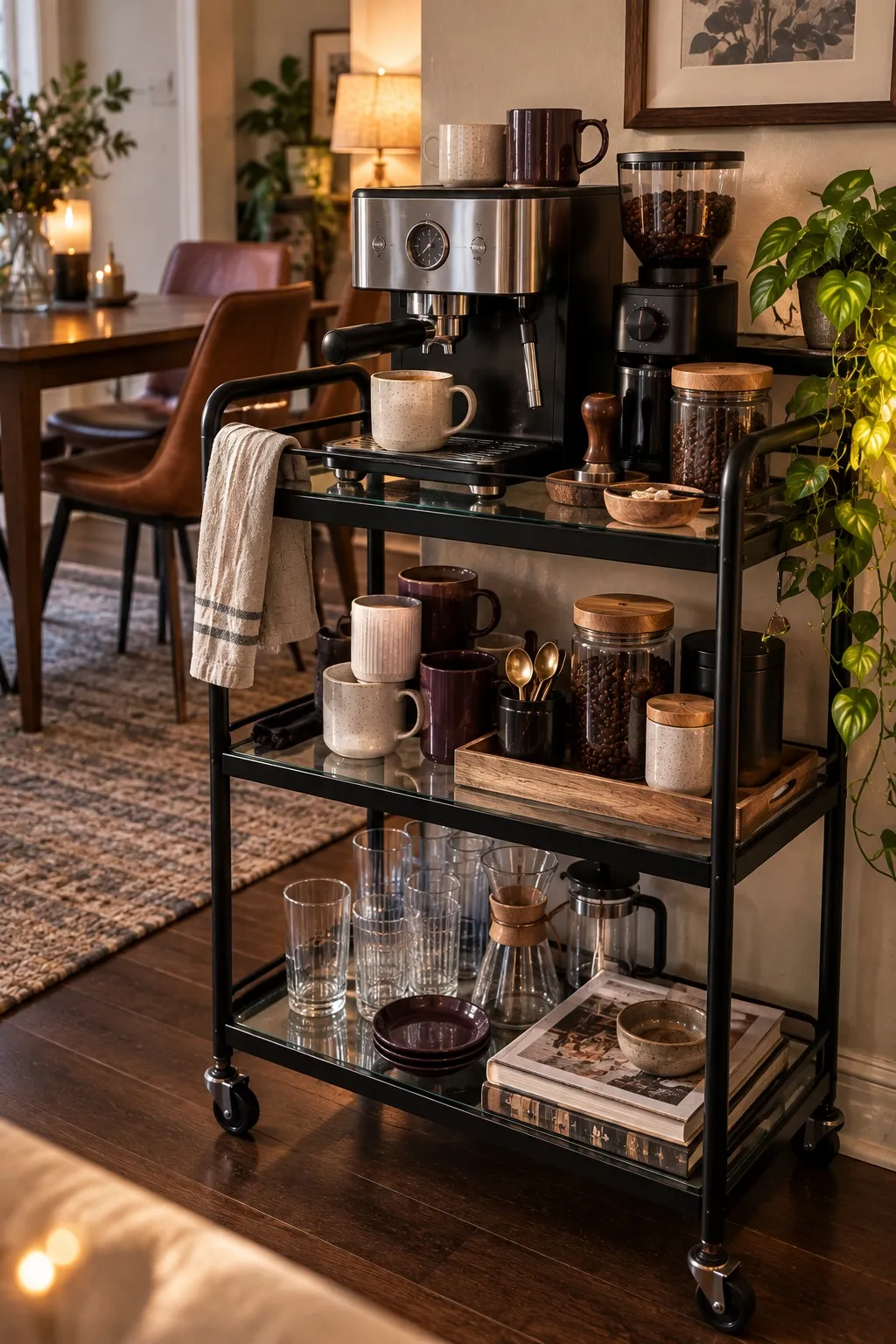Three-tier bar cart set up as a complete coffee station beside a dining area