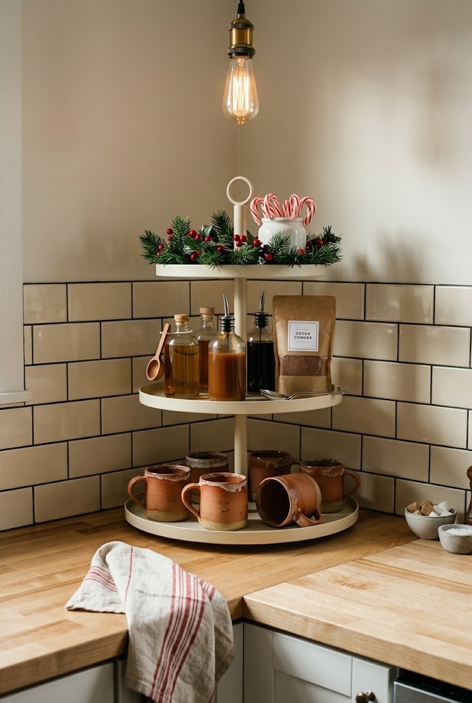 Three-tier stand in a kitchen corner holding mugs, cocoa, syrups and a small garland