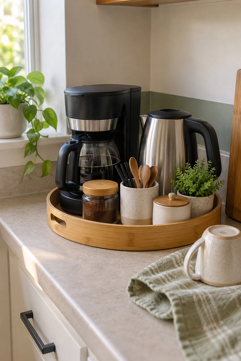 Bamboo tray coffee bar with drip machine and kettle on a narrow rental kitchen counter