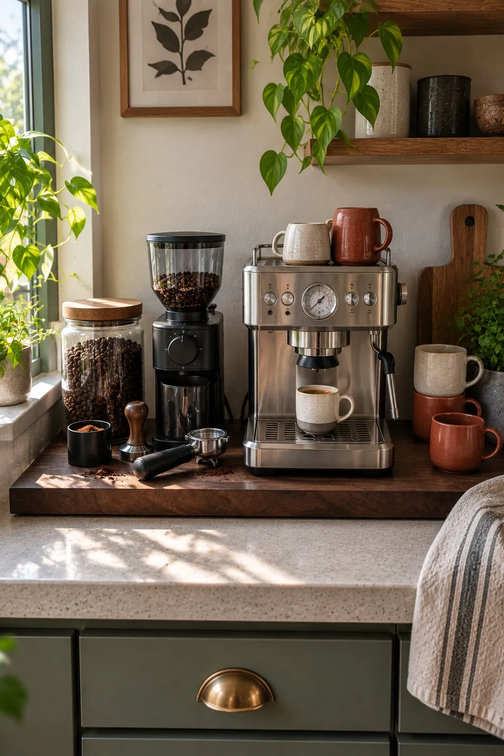 Renter friendly coffee bar spread across 24 inches of small kitchen counter