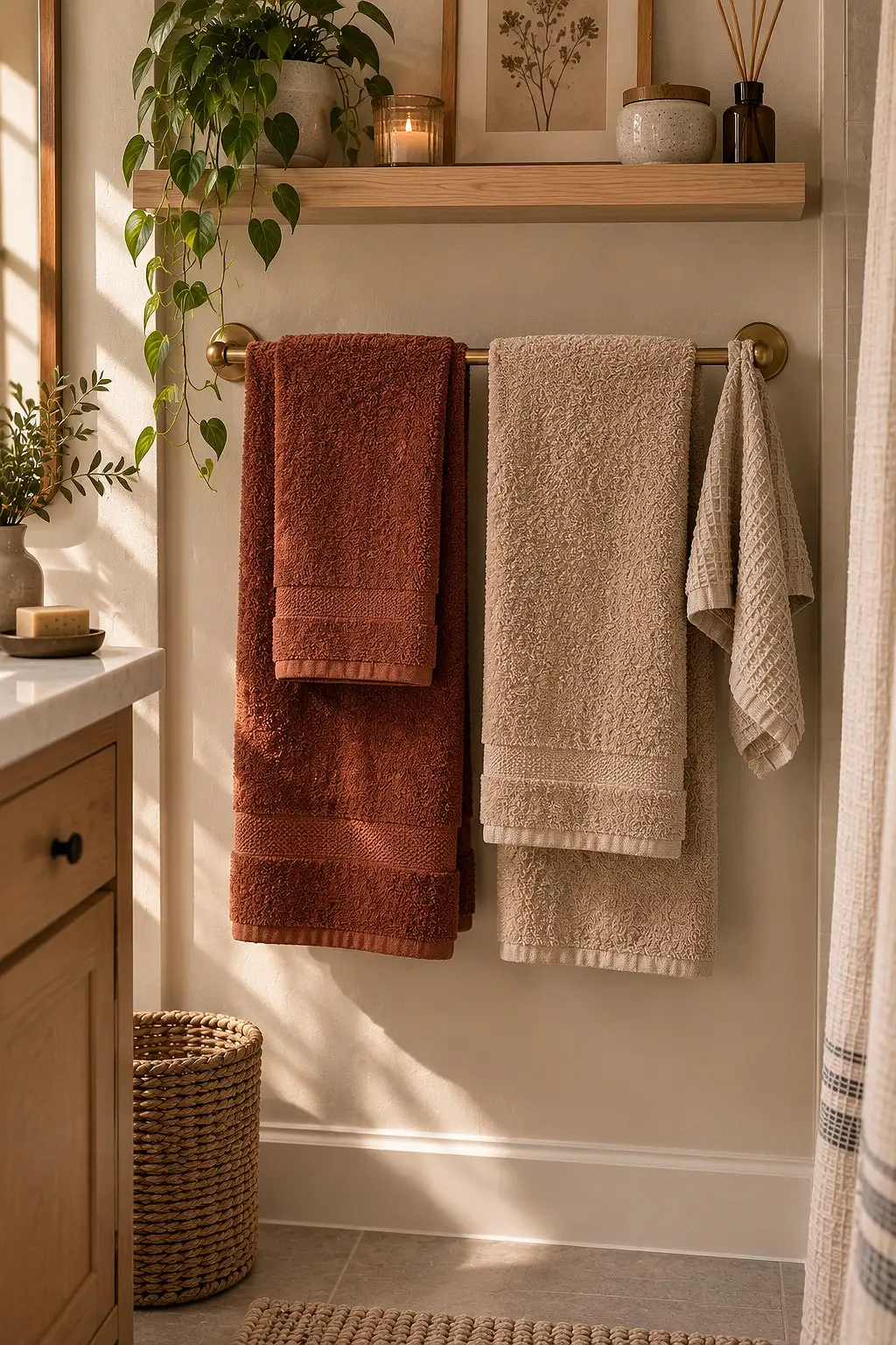 Folded rust and sand towels hanging over a bathroom towel bar