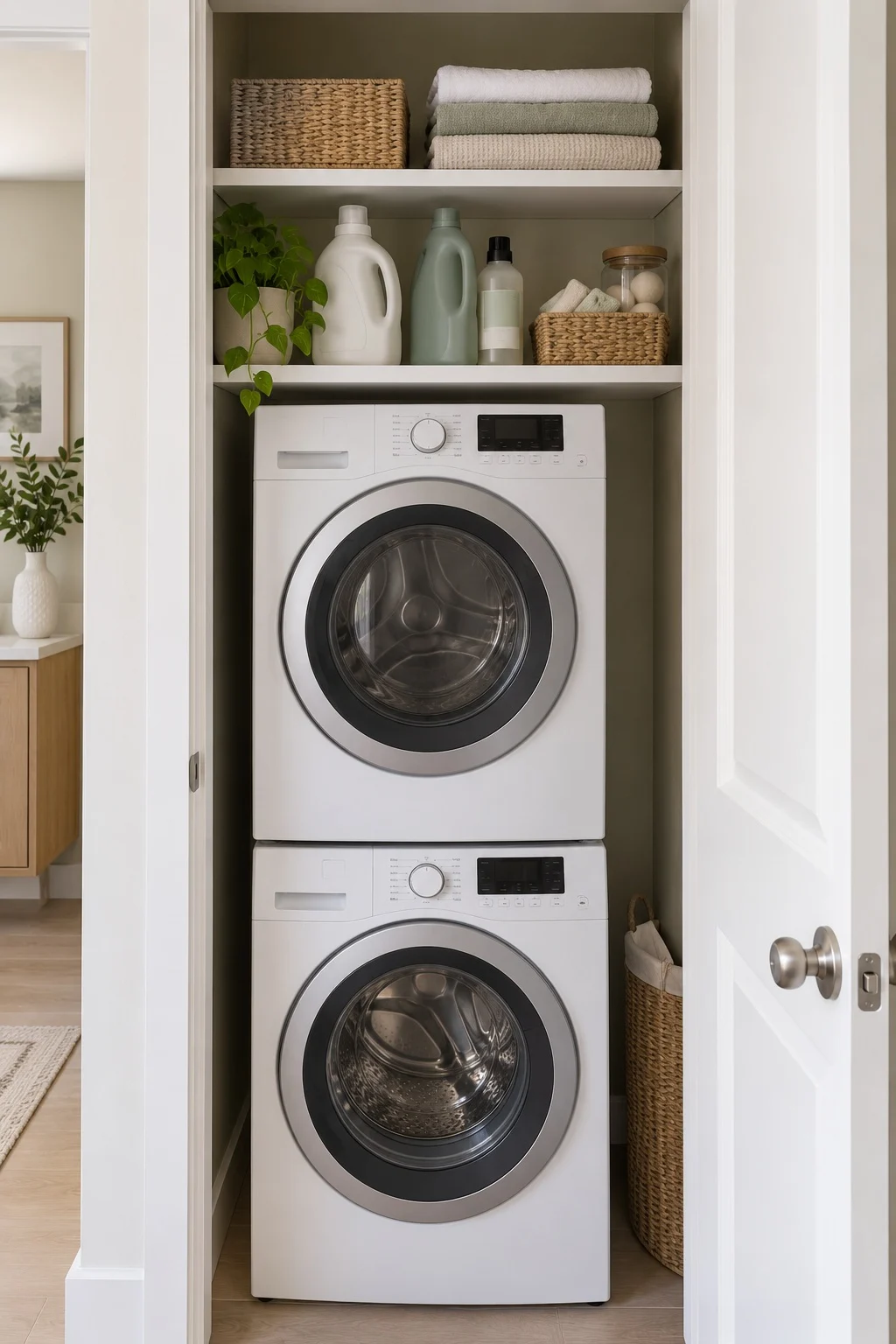 Two shallow shelves above a stacked washer and dryer holding jugs and linens