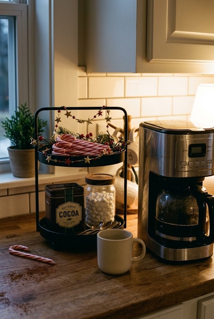Christmas coffee bar with a black two-tier tray stacked behind a coffee maker on a small counter