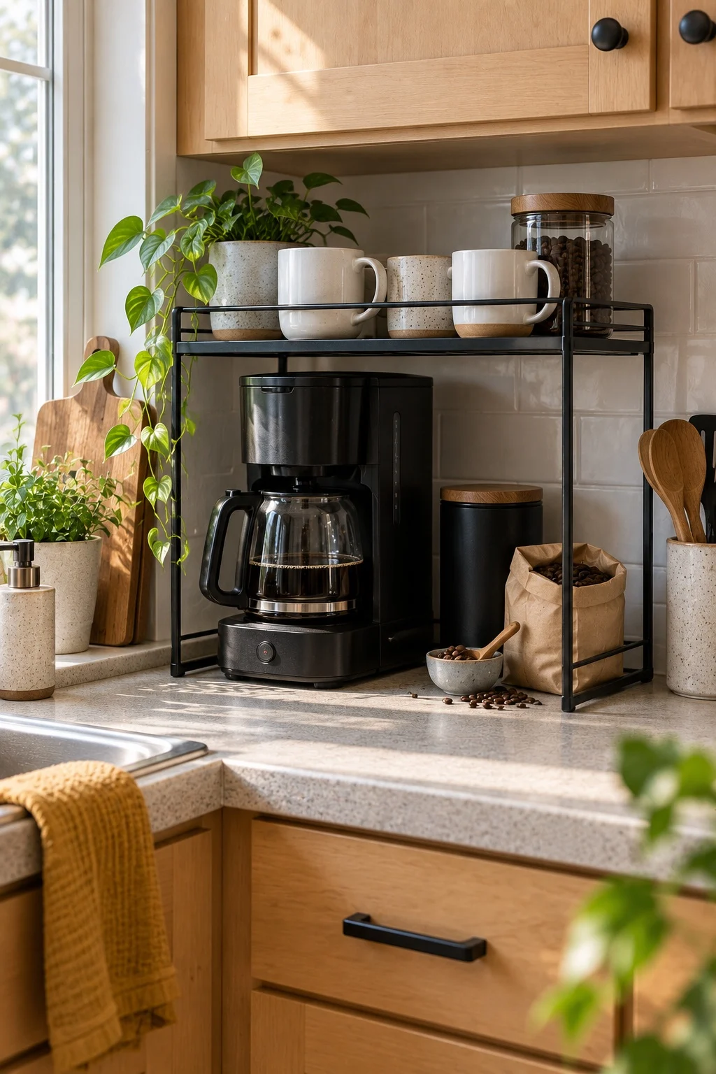 Two-tier wire organizer with coffee machine underneath and mugs on top in a small kitchen
