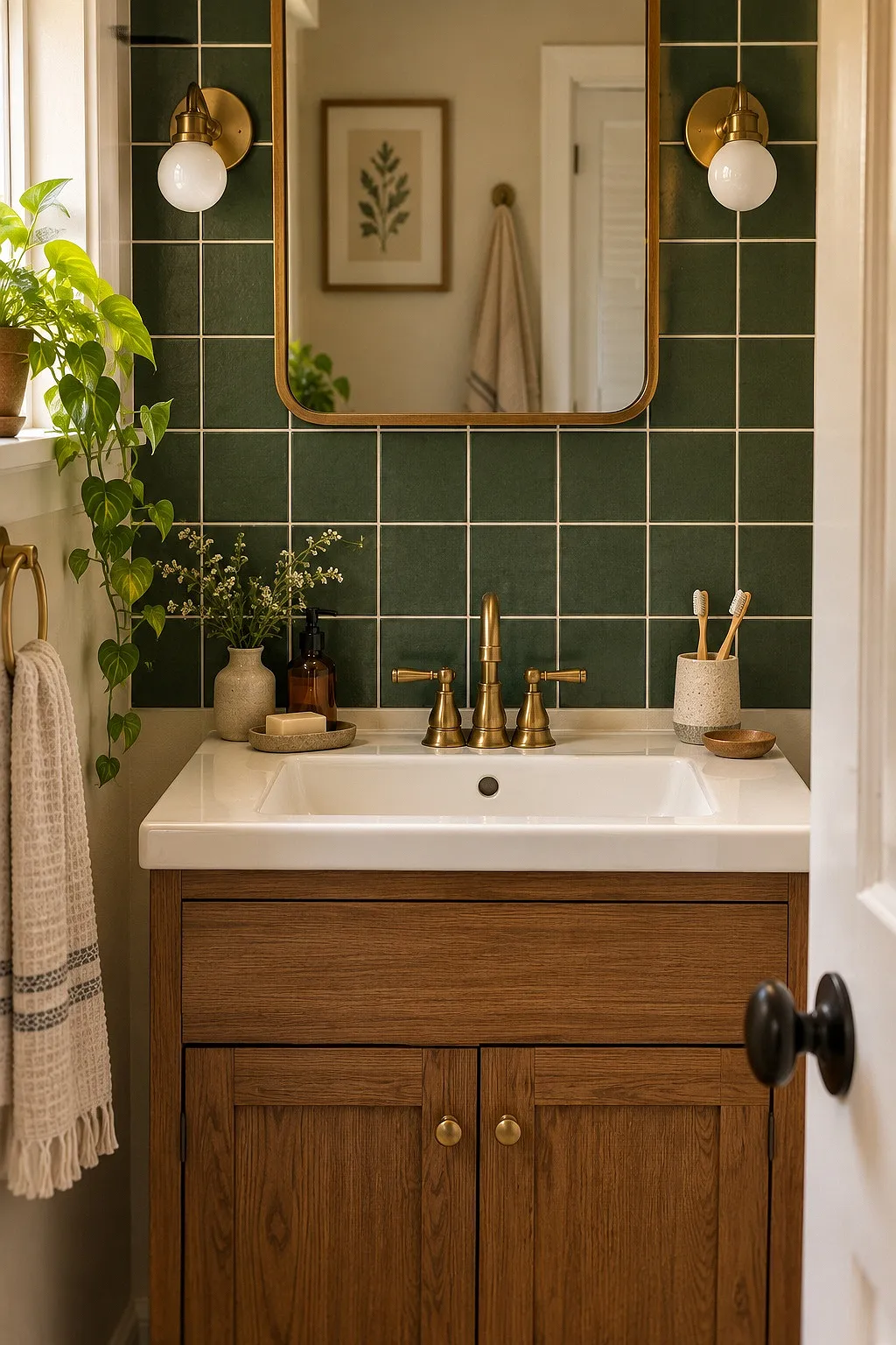 Green vinyl tile stickers covering dated wall tile above a bathroom sink