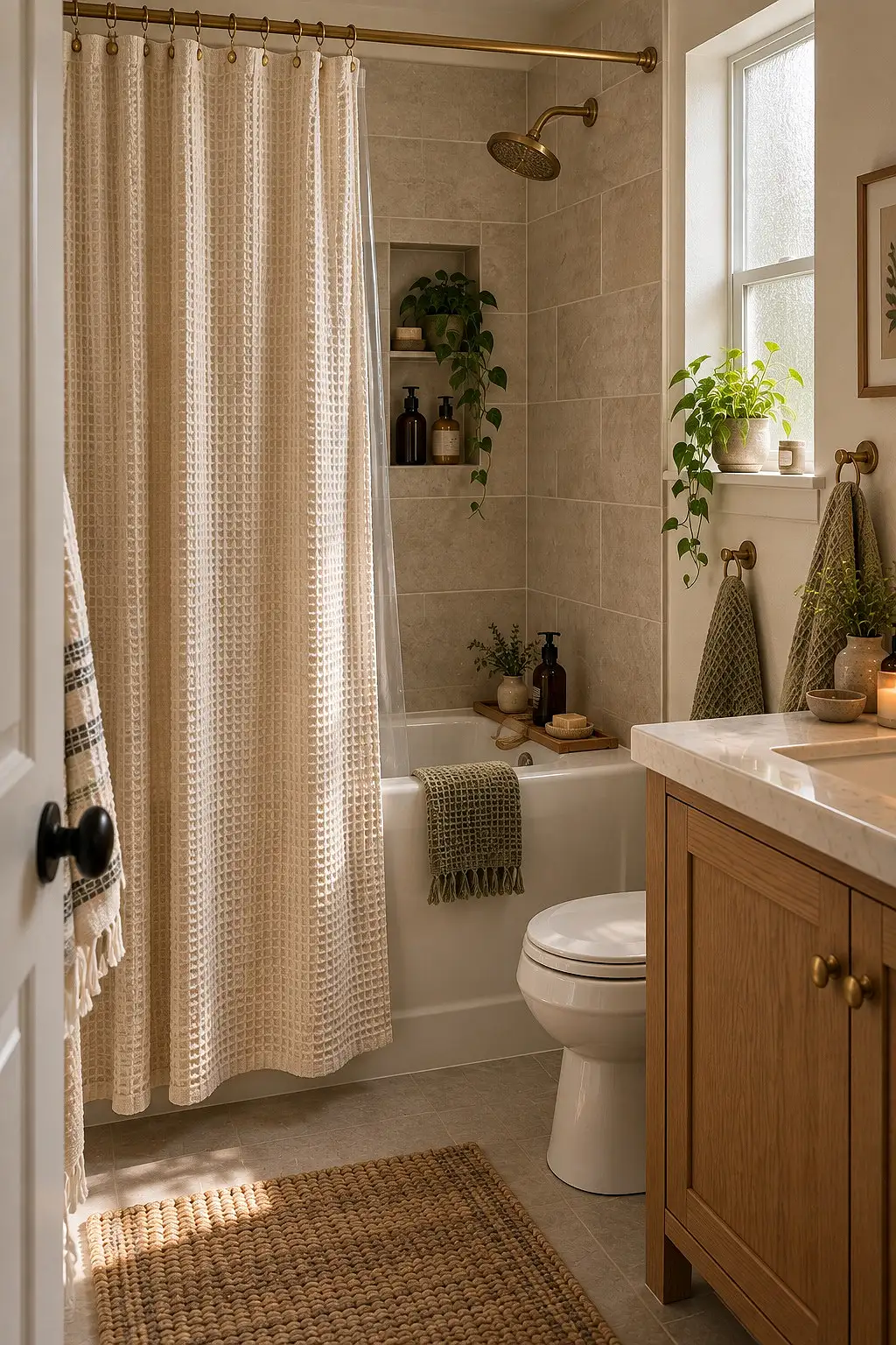 Ivory waffle-weave fabric shower curtain in a cozy small bathroom for renters