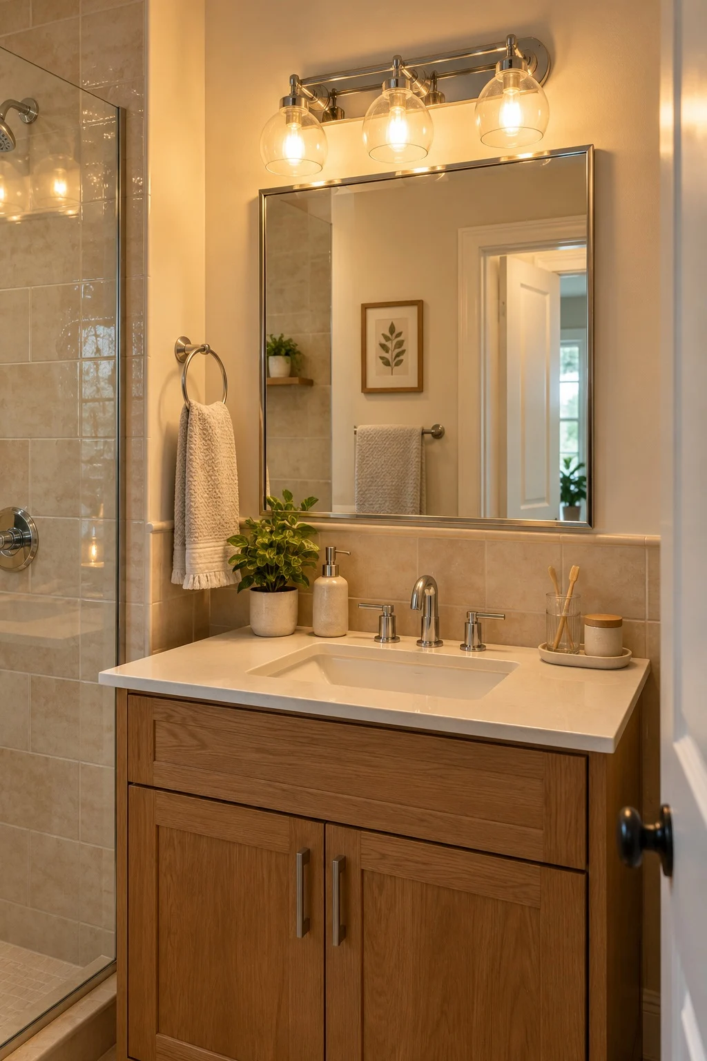 Cozy shower-only bathroom vanity lit by warm 2700K bulbs above a mirror and beige tile