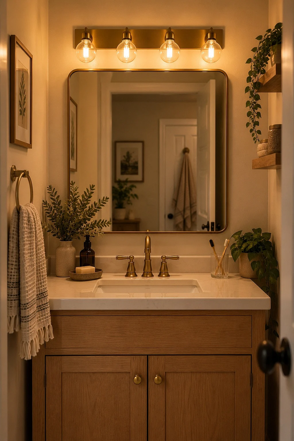 Warm 2700K bulbs glowing in a vanity light in a cozy small bathroom