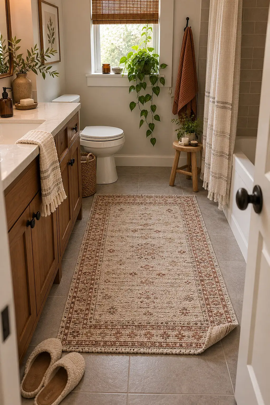 Washable low-pile rug covering the tile floor of a cozy small bathroom