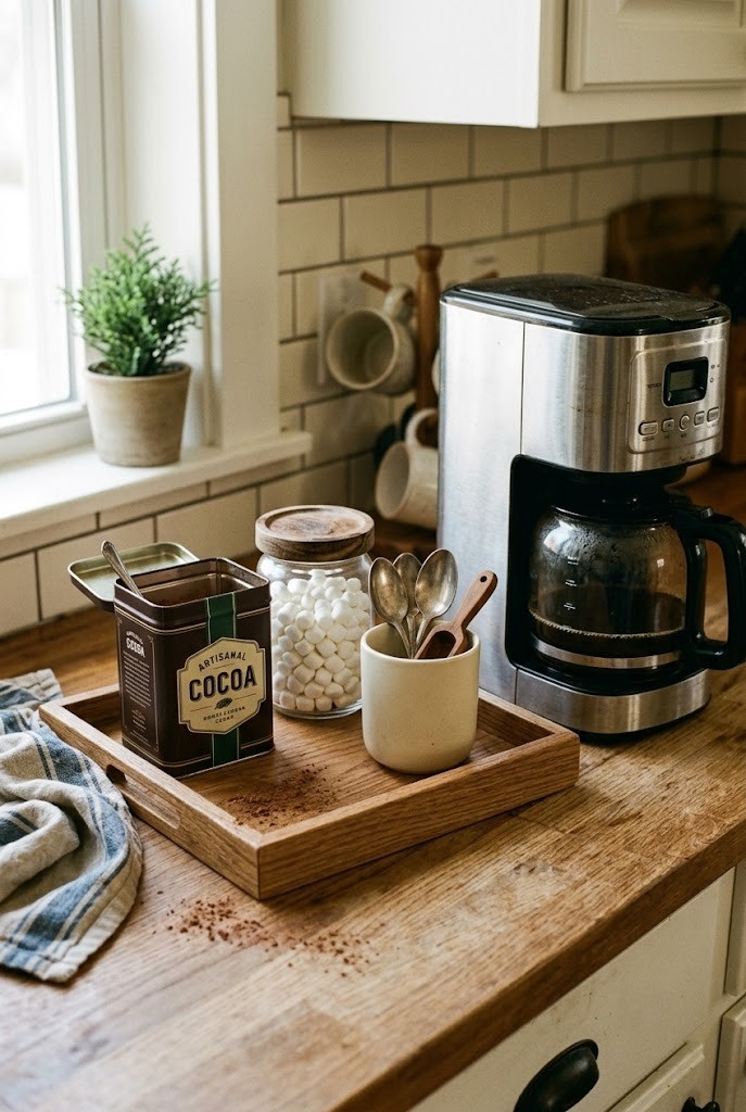 Christmas coffee bar on a small kitchen counter: oak tray with cocoa tin beside a coffee maker