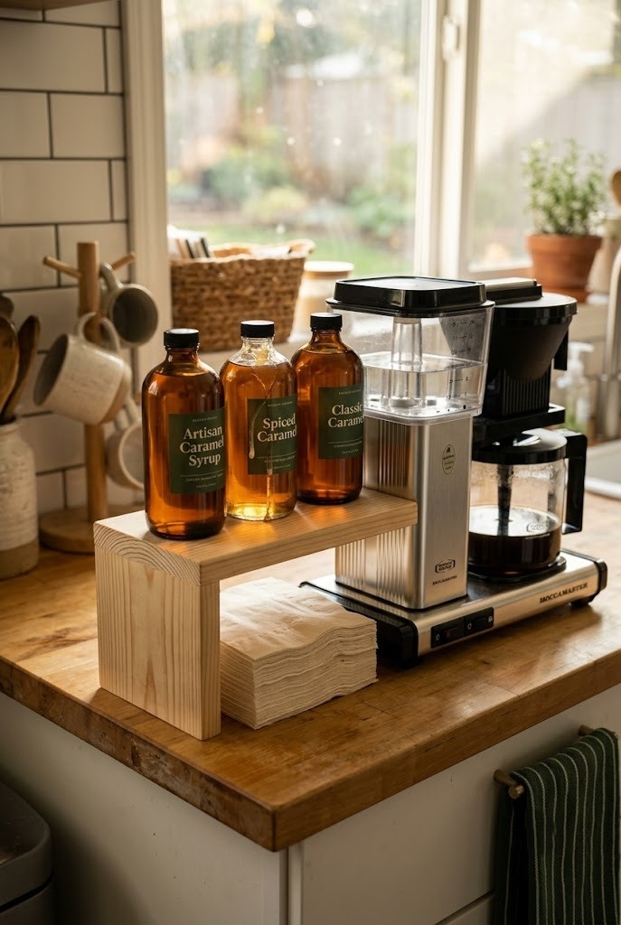 Pine riser lifting syrup bottles beside a coffee maker with napkins stored underneath