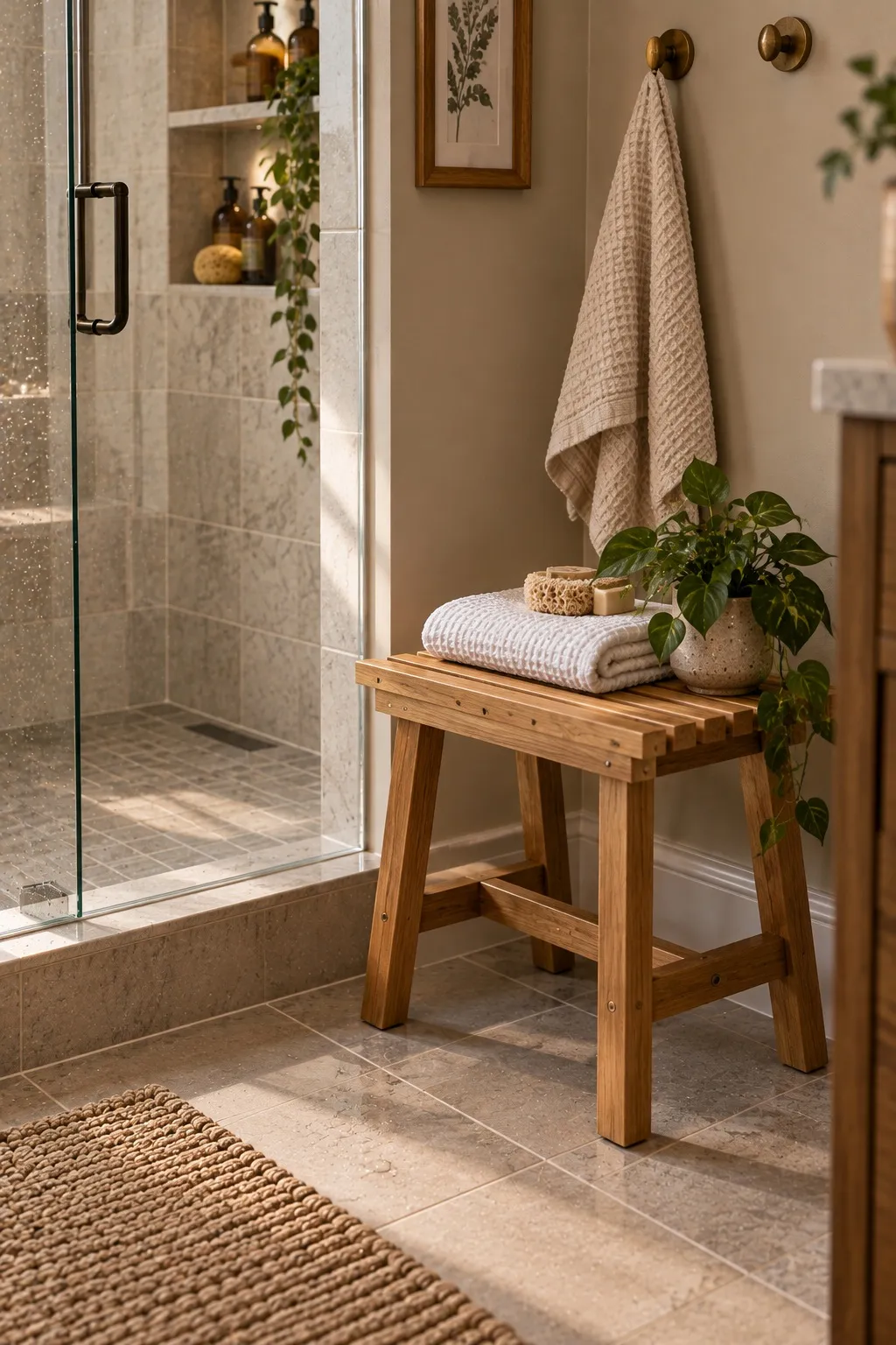 Pale wooden slat stool beside a shower door holding a folded towel and small plant