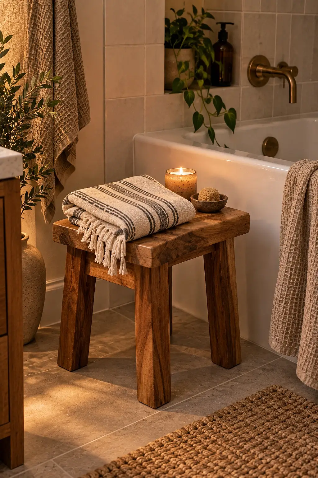 Wooden stool with a folded hammam towel beside a bathtub