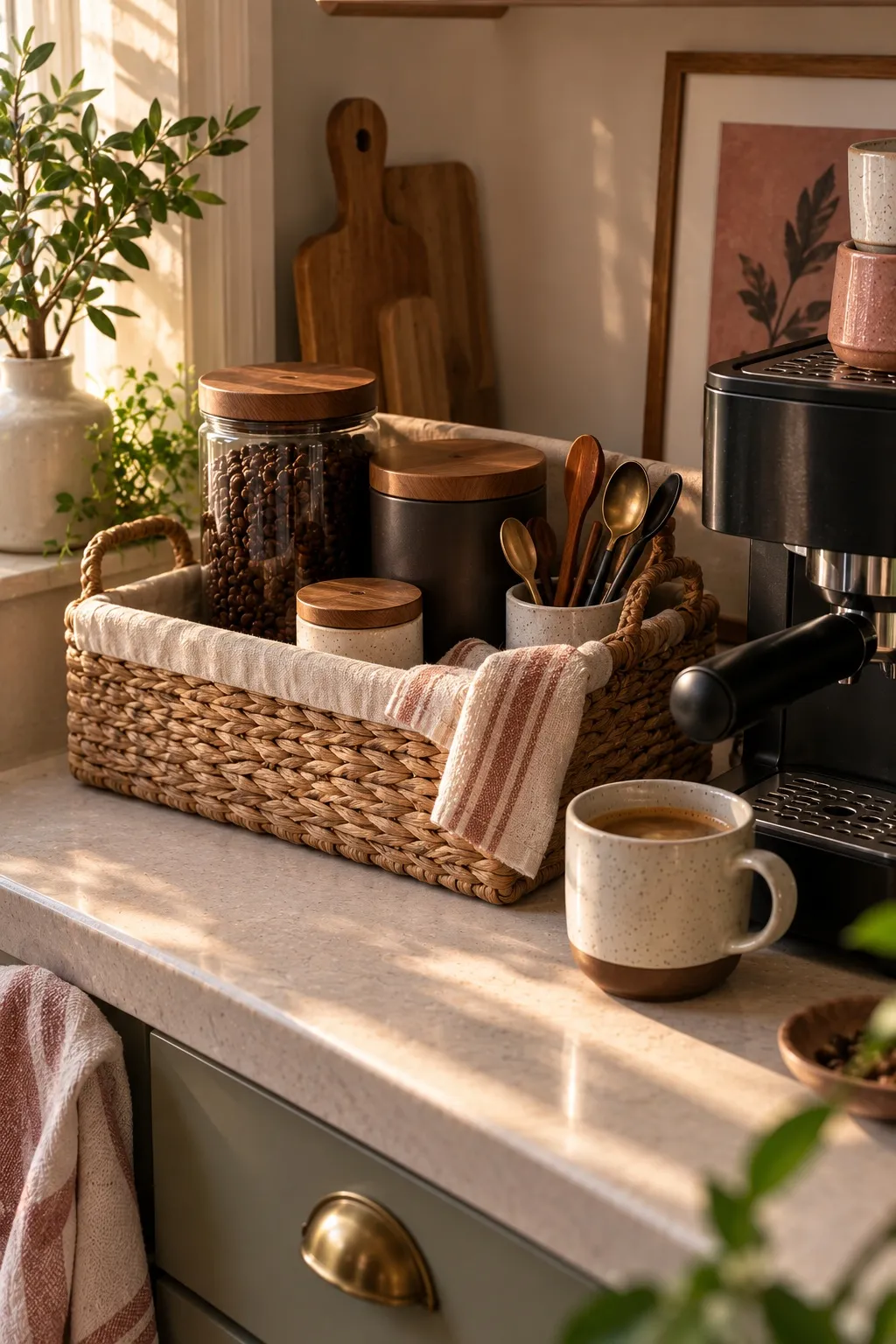 Woven basket holding coffee tins and spoons next to a machine on a small counter