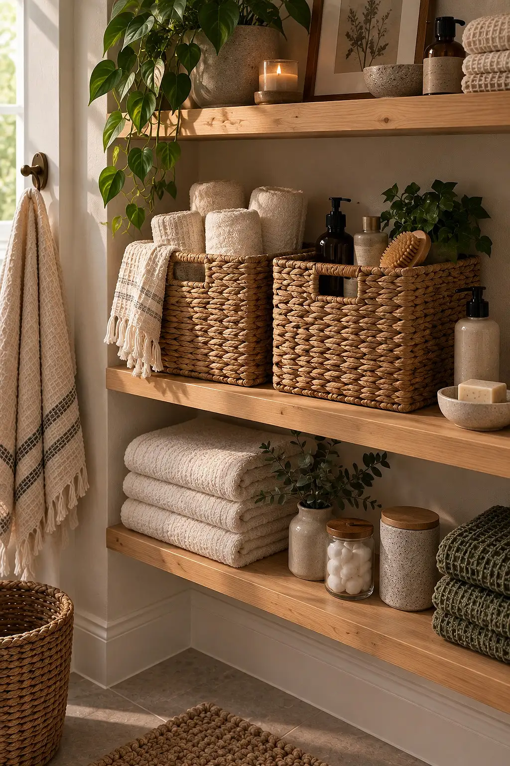 Woven seagrass baskets holding towels on open bathroom shelving