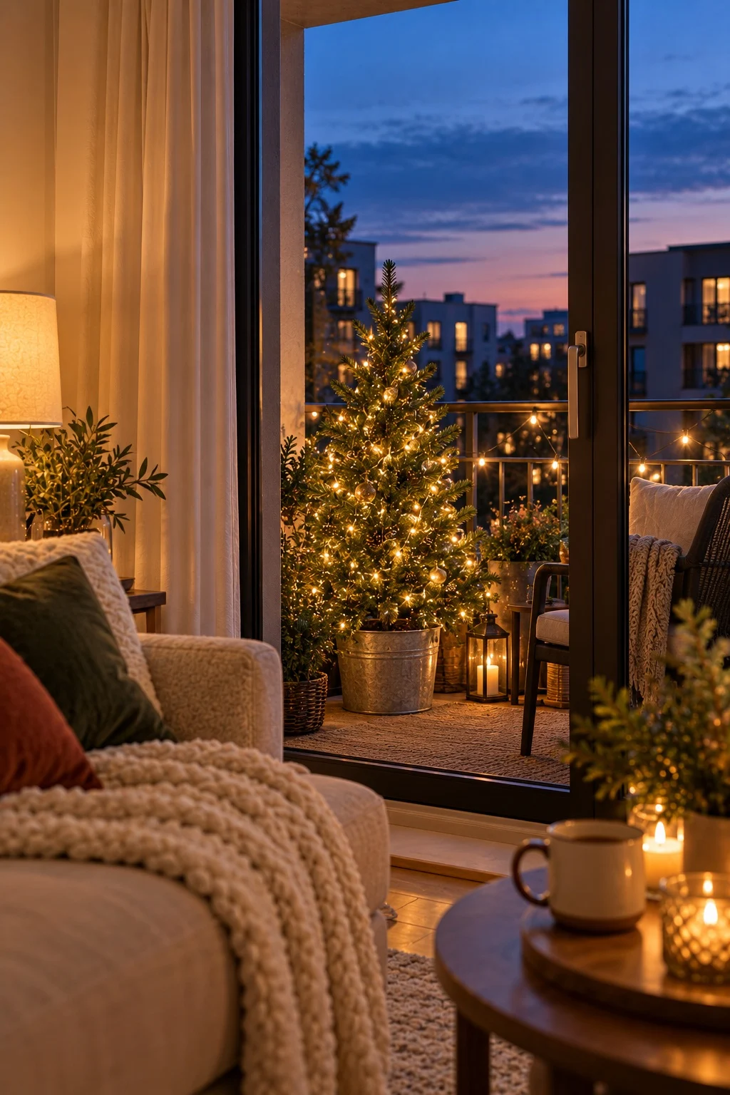 Lit potted Christmas tree on an apartment balcony seen through the glass door