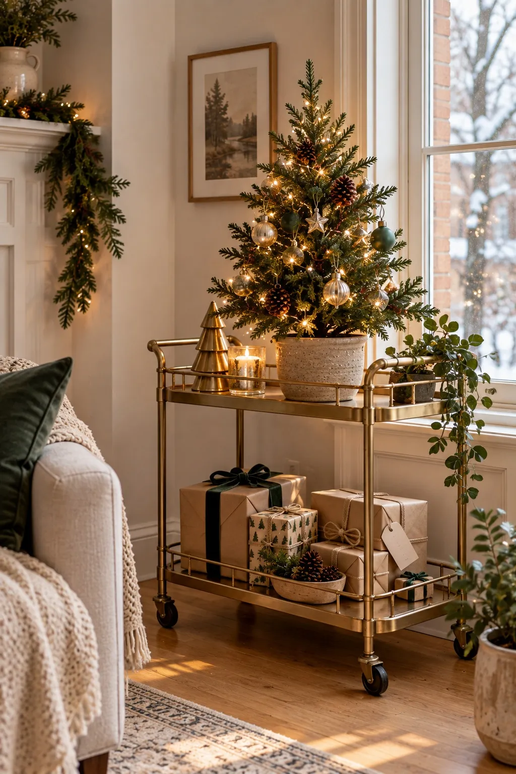 Small potted Christmas tree on a brass bar cart with kraft-wrapped gifts below