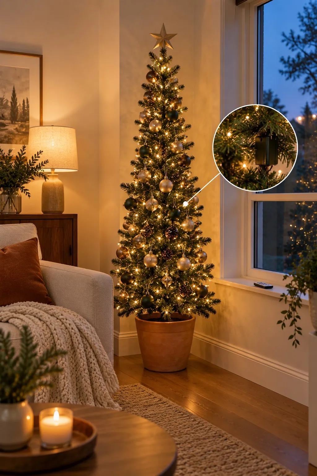 Slim tree lit with battery lights in a corner with no cords on the floor