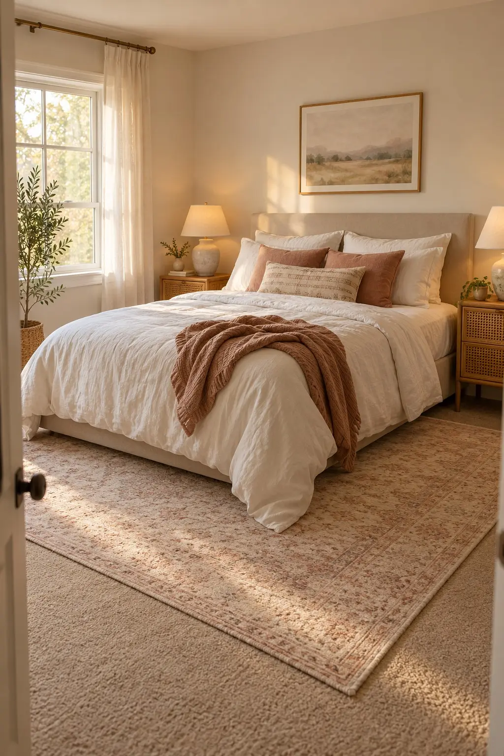 Large bedroom rug extending past both sides of a queen bed over beige carpet