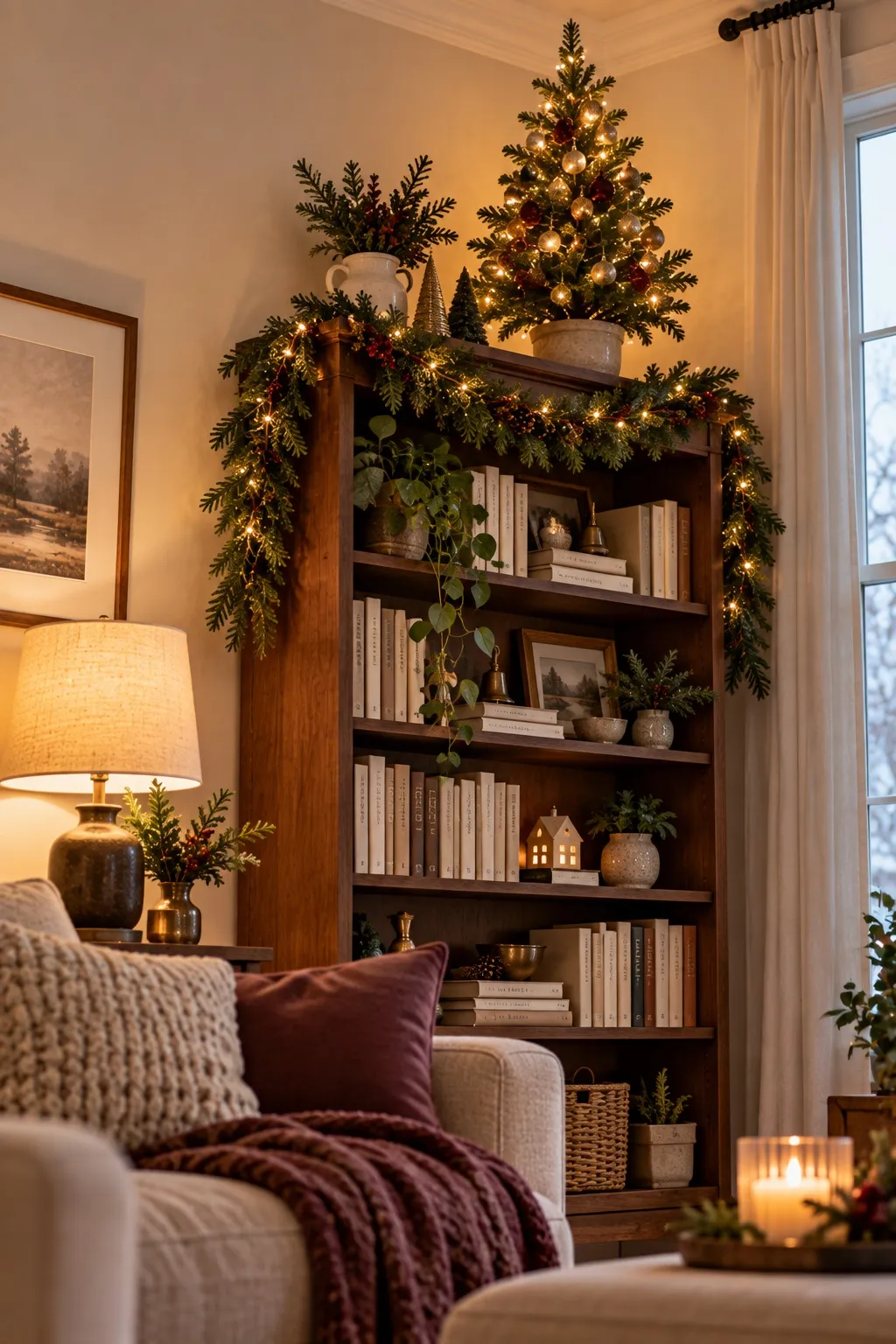 Small lit Christmas tree on top of a tall walnut bookcase draped with garland