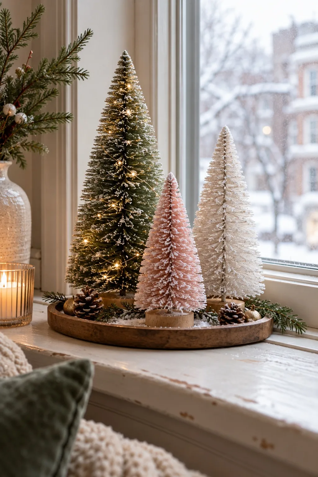 Three bottle-brush trees grouped on a tray on a deep apartment windowsill
