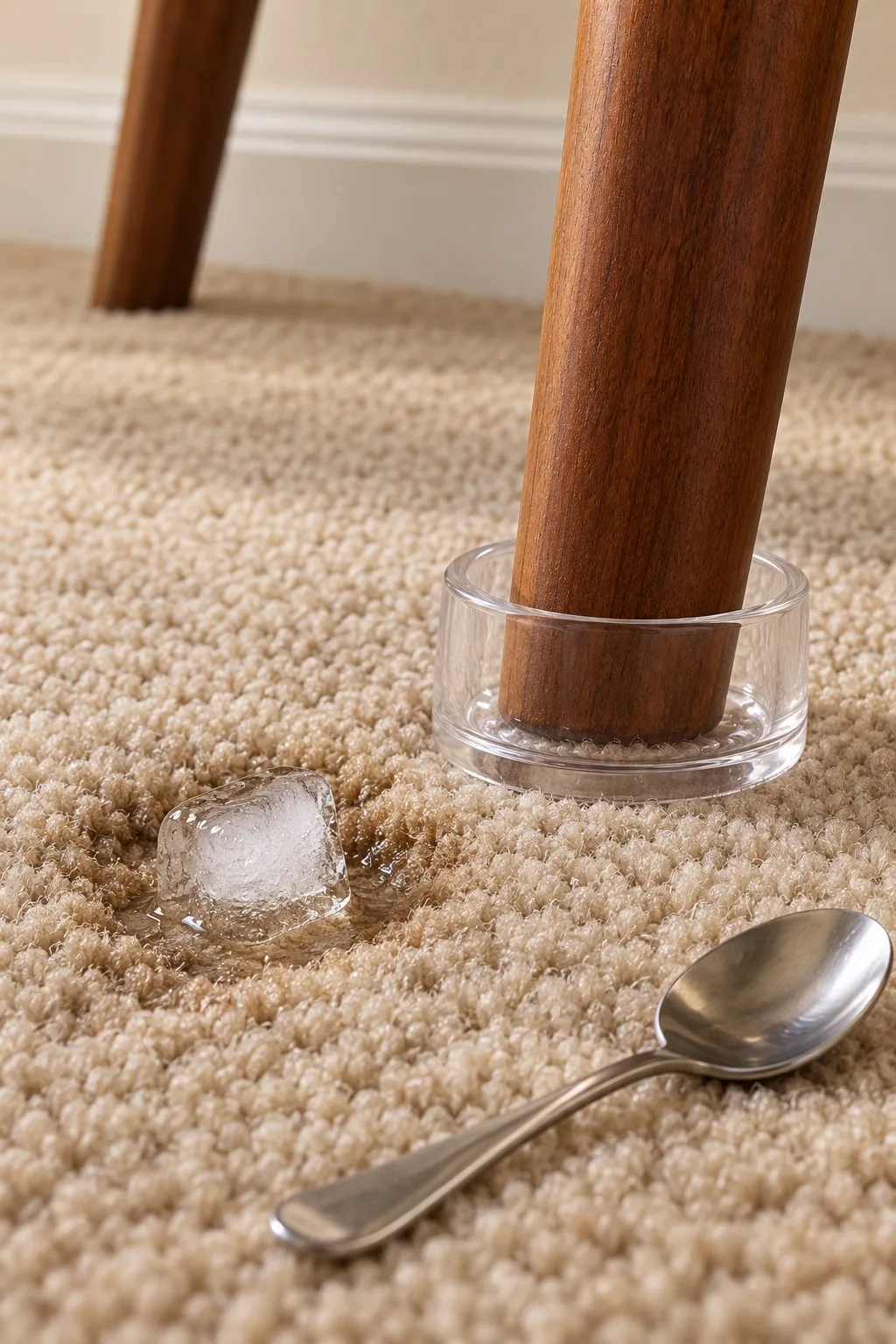 Ice cube lifting a dent in carpet beside a furniture cup