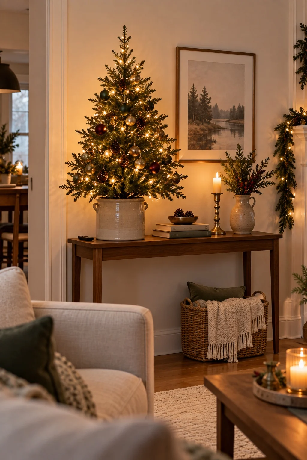 Pre-lit tabletop Christmas tree in a stoneware crock on a narrow walnut console