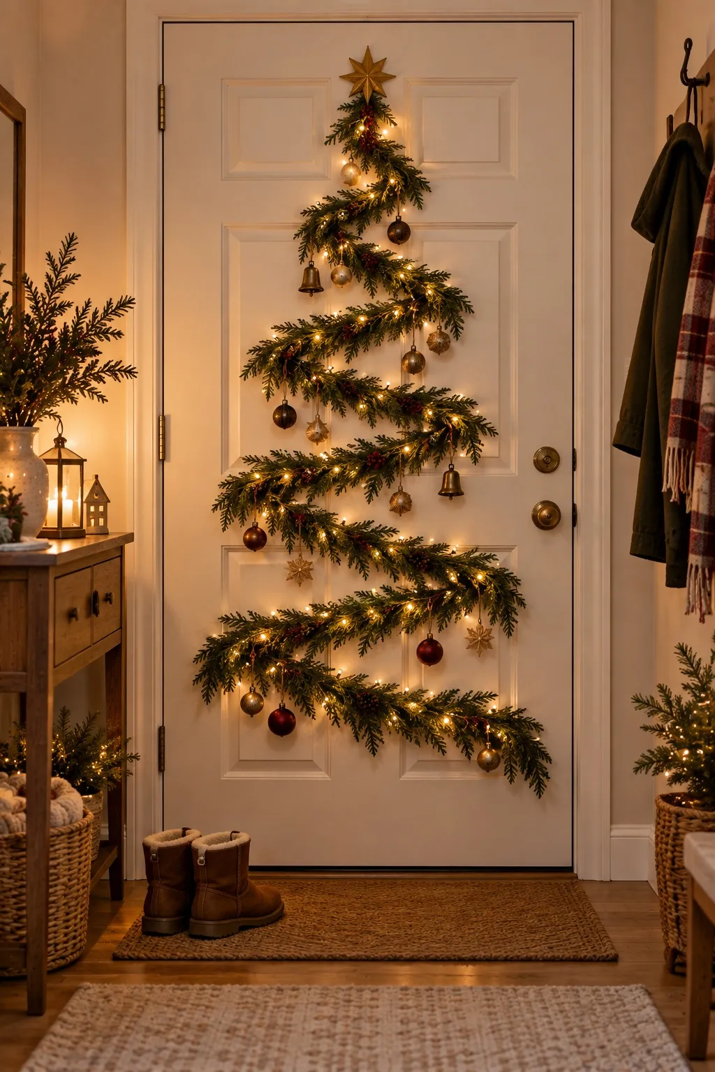 Faux cedar garland shaped into a tree on the inside of a white front door