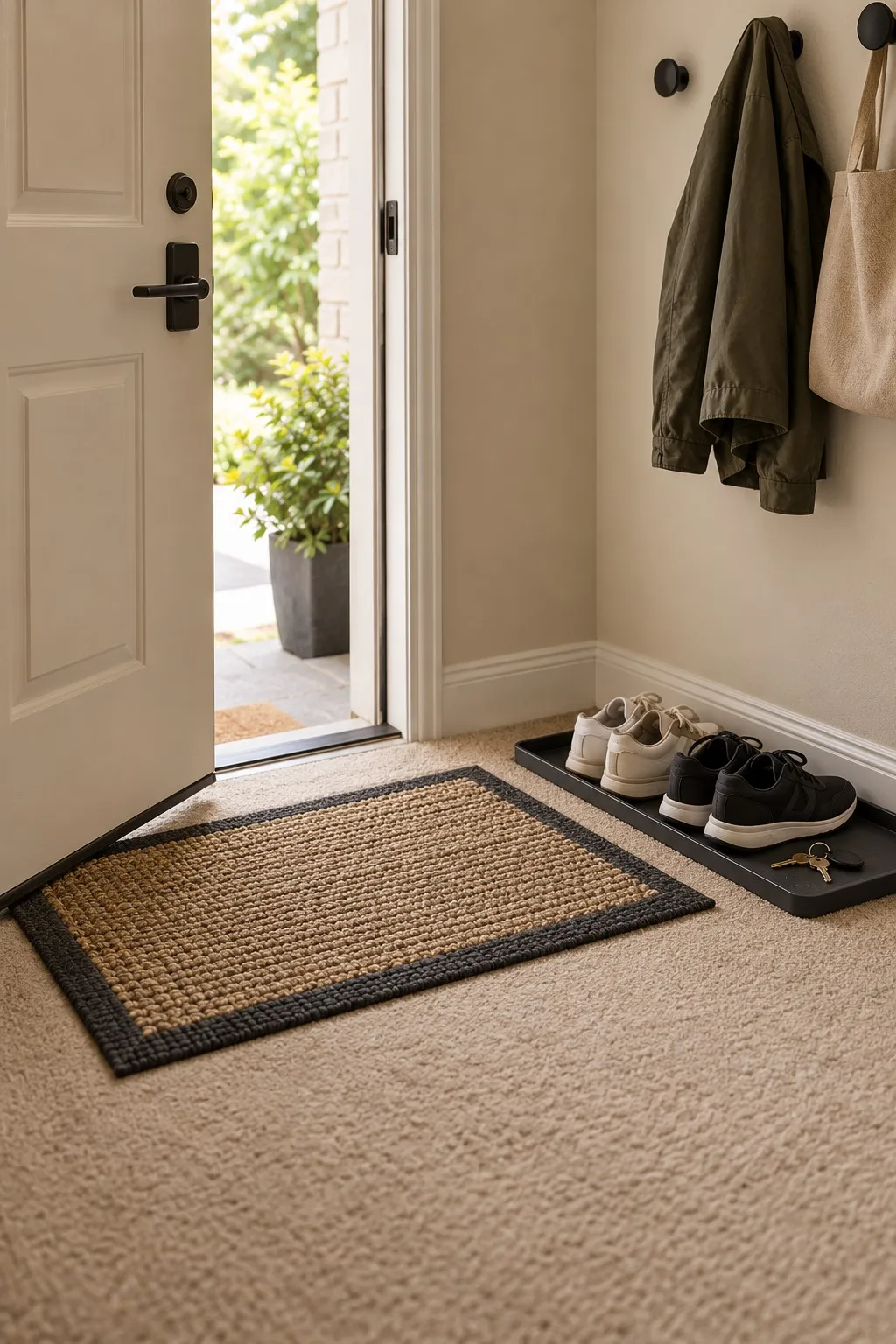 Low-profile entry mat inside a front door over beige carpet
