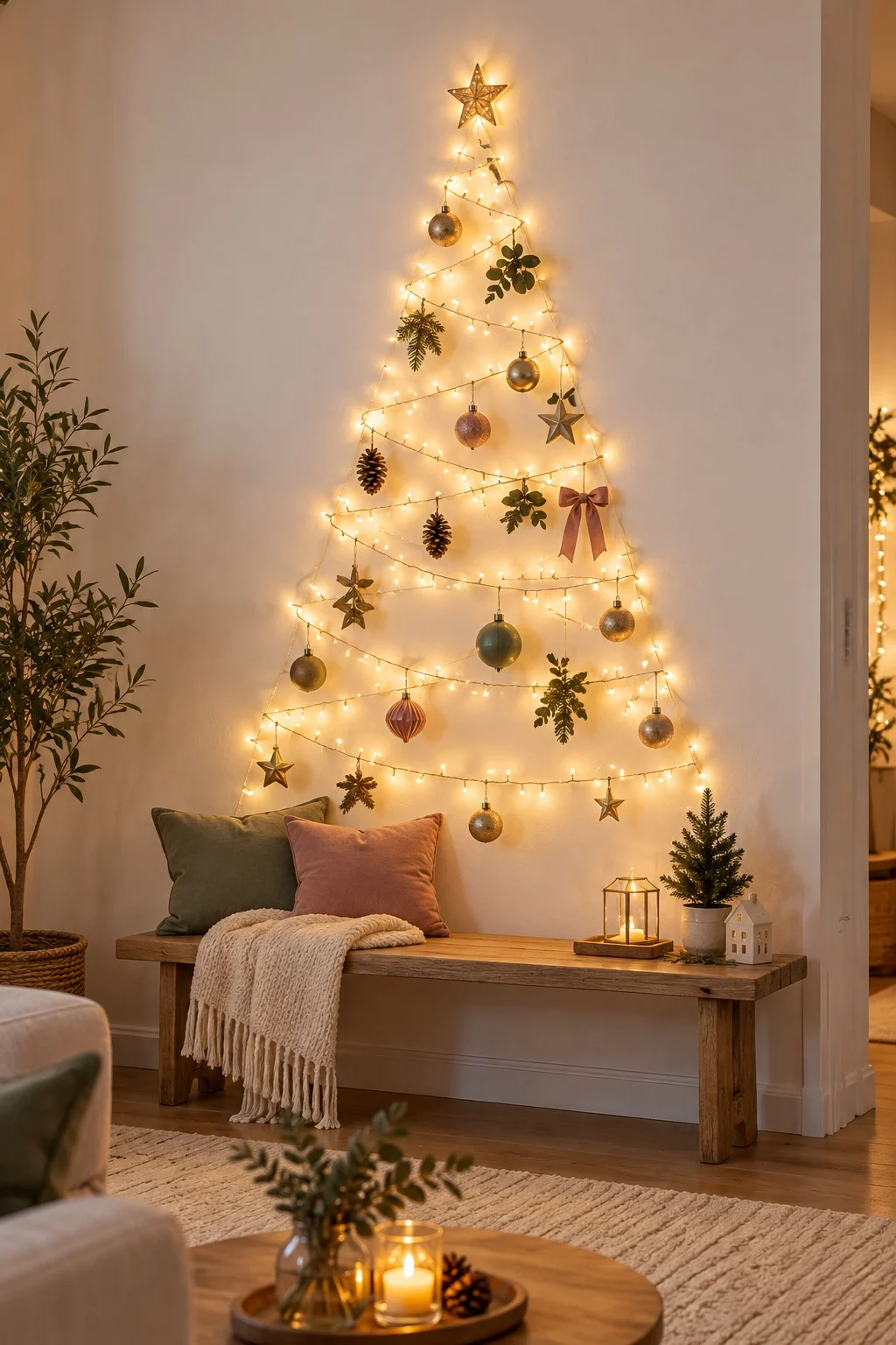 Warm-white fairy lights shaped into a Christmas tree outline on a bare apartment wall