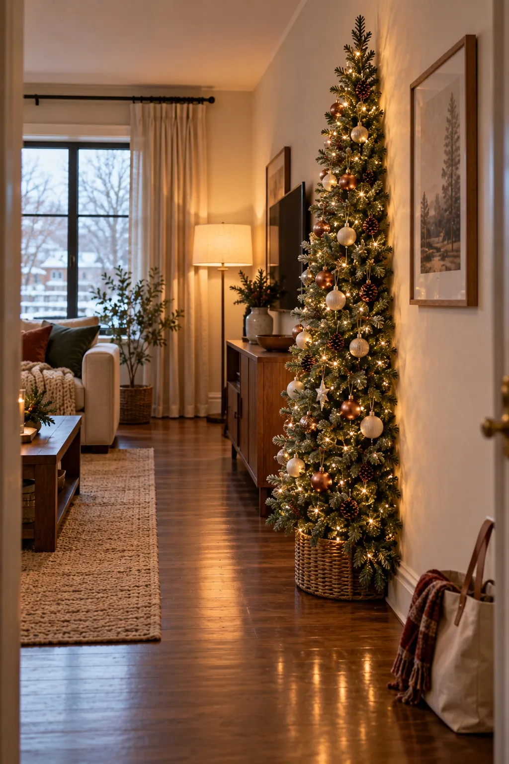 Flat-back half Christmas tree standing flush against a long living room wall