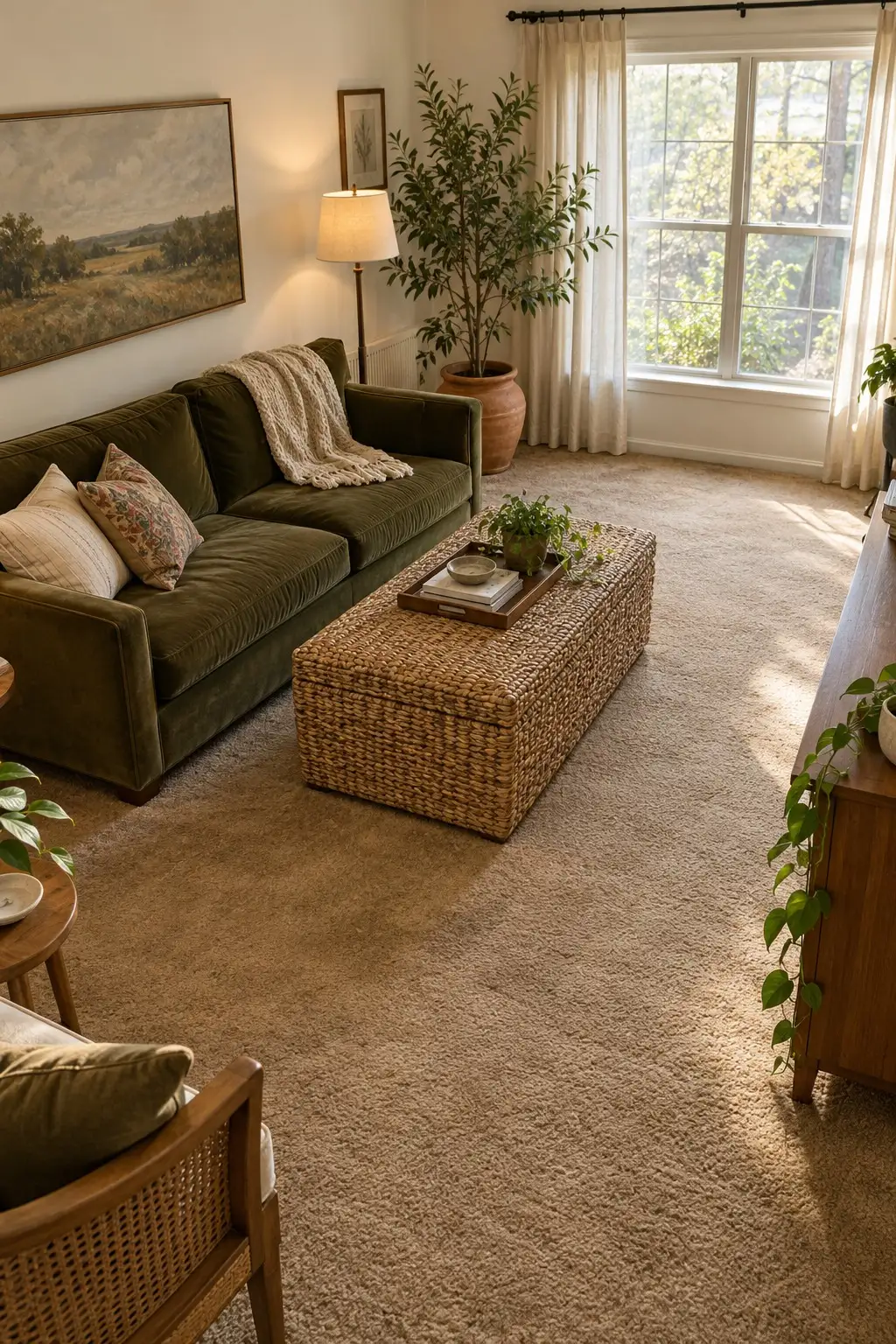Living room furniture arranged over worn spots on tan carpet