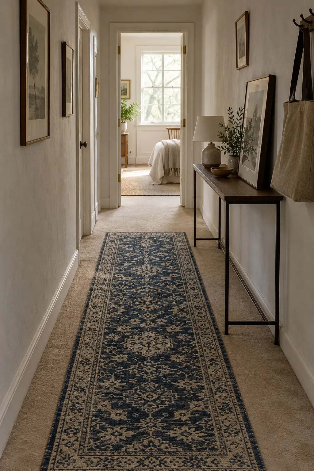 Flat-weave runner covering the worn path of a carpeted apartment hallway